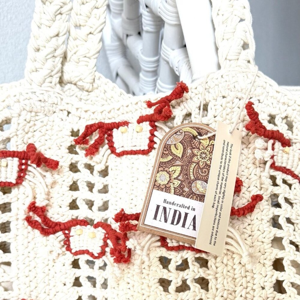 Handmade Crochet Cotton Beach Bag Crab Satchel Jumbo Tote Nautical Red White NWT - Picture 4 of 13